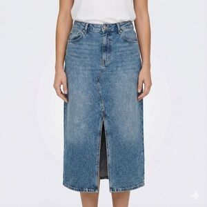 R JEANS Cotton Blend Split Front 5 Pocket Denim Midi Skirt Med Wash US Sz 36